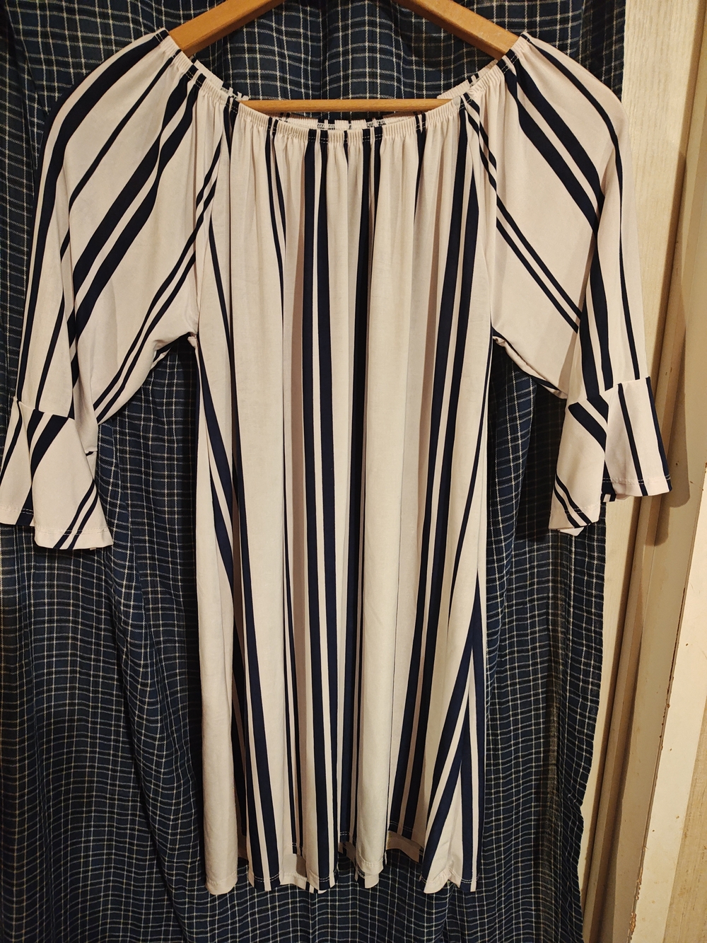 west loop Off White and Navy Striped Off-Shoulder Blouse